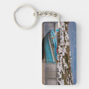 Port and harbour area with Greek fishing boats Key Ring
