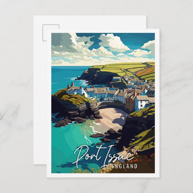 Port Issac England vintage travel illustration Postcard (Front/Back)