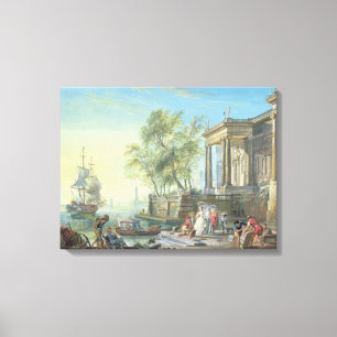 Port Scene with Setting Sun (oil on canvas) Canvas Print