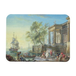 Port Scene with Setting Sun (oil on canvas) Magnet