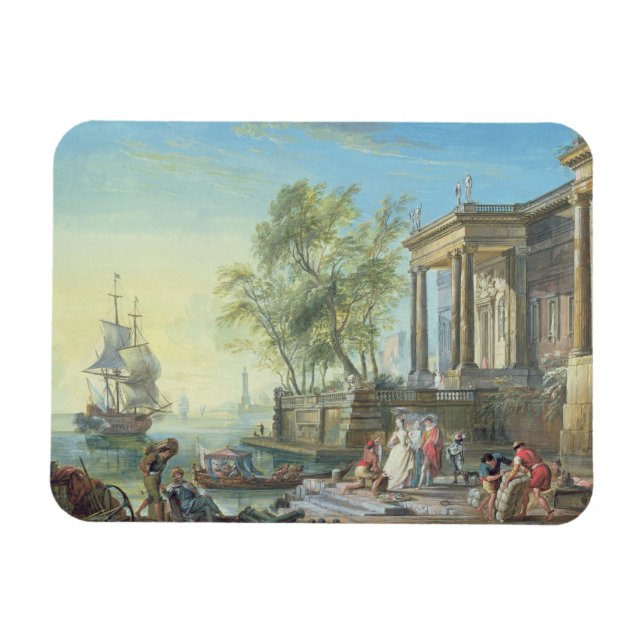 Port Scene with Setting Sun (oil on canvas) Magnet (Horizontal)