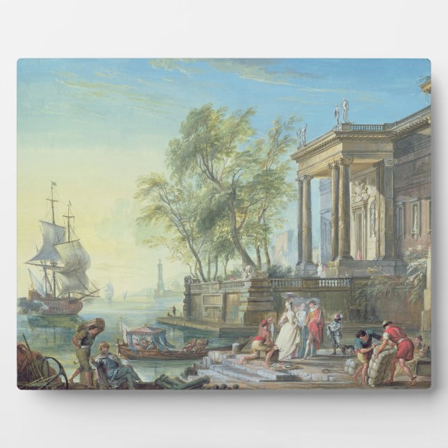 Port Scene with Setting Sun (oil on canvas) Plaque (Front)