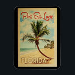 Port St Lucie Palm Tree Vintage Travel Magnet<br><div class="desc">A uniquely retro mid-century modern Port St. Lucie Florida art print in vintage travel poster style. It features a curved palm tree on sandy beach with ocean under a blue cloudy sky.</div>