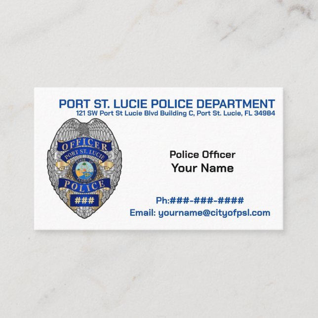 Port St. Lucie Police Officer PSLPD Business Car Business Card (Front)