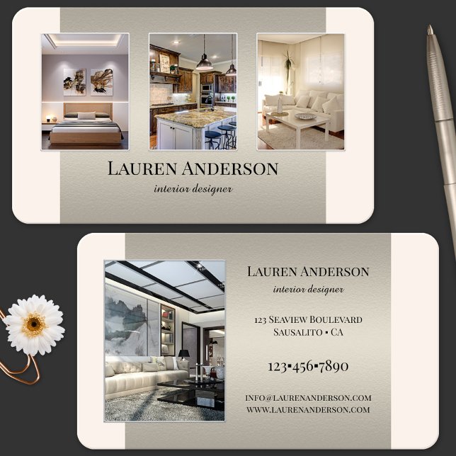 Portfolio Interior Designer Business Card (Portfolio interior design professional business card in tan metal with custom colors)