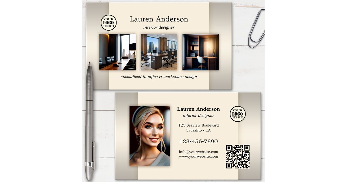 Portfolio Logo QR Code Interior Designer Business Card | Zazzle