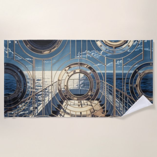 Porthole Nautical Ocean Liner Luxury Art Deco Beach Towel (Front)