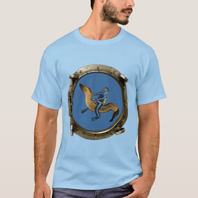 Porthole View of a SCUBA Diver Riding a Giant Eel T-Shirt (Front)