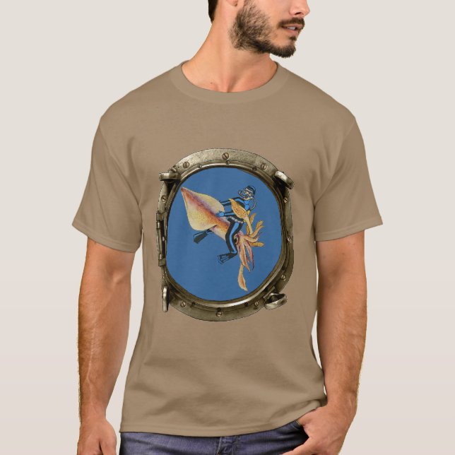 Porthole View of a SCUBA Diver Riding a Huge Squid T-Shirt (Front)