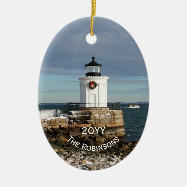 Portland Breakwater Lighthouse Christmas Ceramic Tree Decoration (Front)