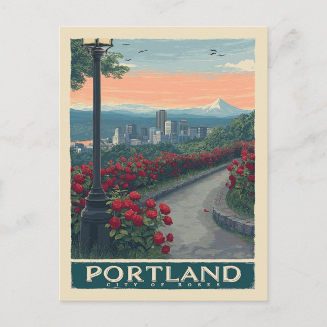 Portland City of Roses – Rose Garden & Skyline Postcard (Front)