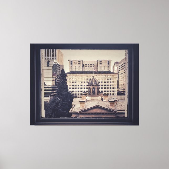 Portland Cityscape View through Window Frame Canvas Print (Front)