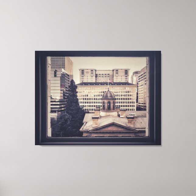 Portland Cityscape View through Window Frame Canvas Print (Front)