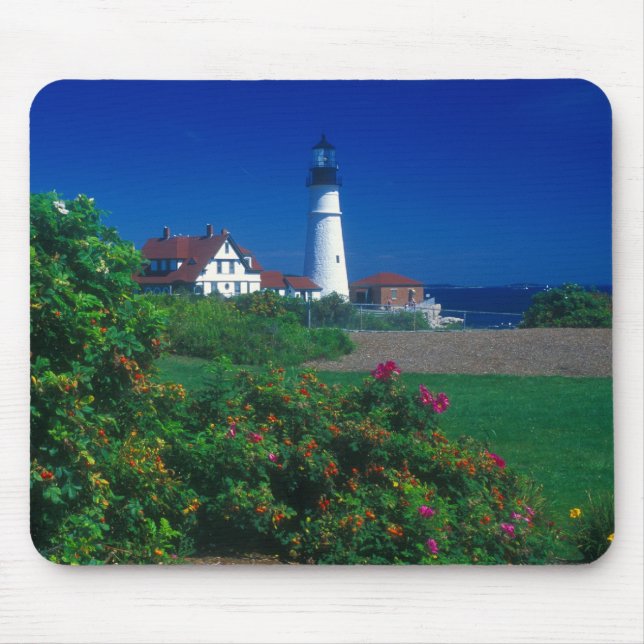 Portland Head Lighthouse and beach roses Mouse Mat (Front)