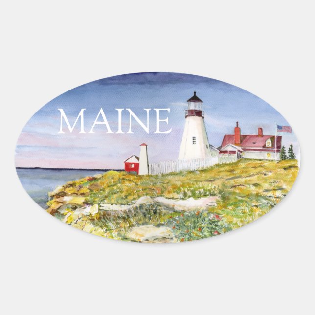 Portland Head Lighthouse Maine Watercolor Painting Oval Sticker (Front)