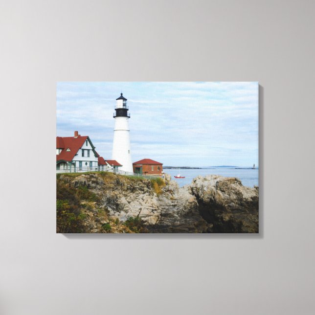 Portland Headlight lighthouse on rocky shore Canvas Print (Front)