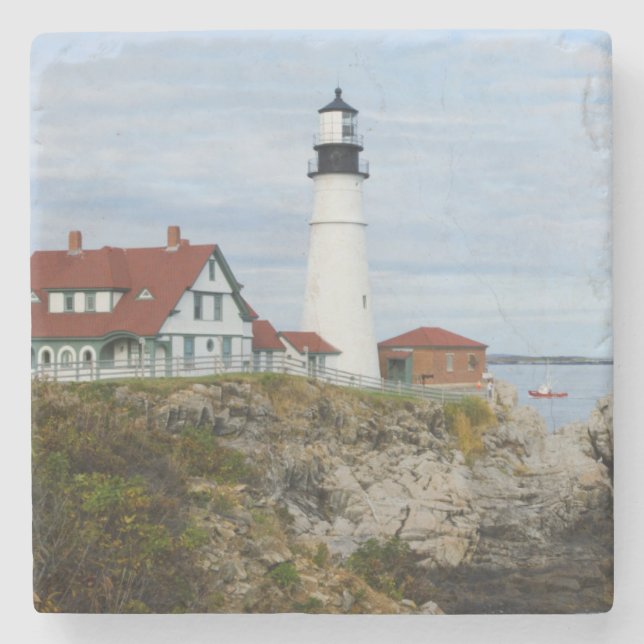 Portland Headlight lighthouse on rocky shore Stone Coaster (Front)