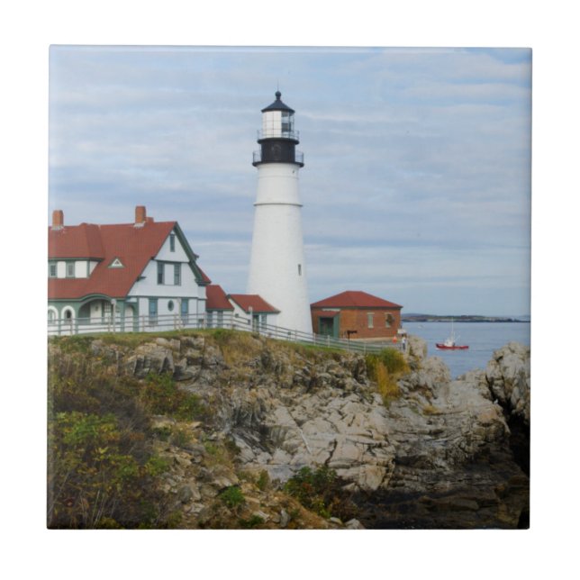 Portland Headlight lighthouse on rocky shore Tile (Front)