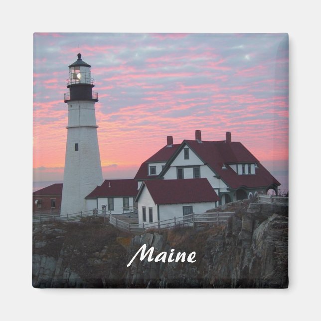 Portland Headlight Sunrise Maine Square Magnet (Front)
