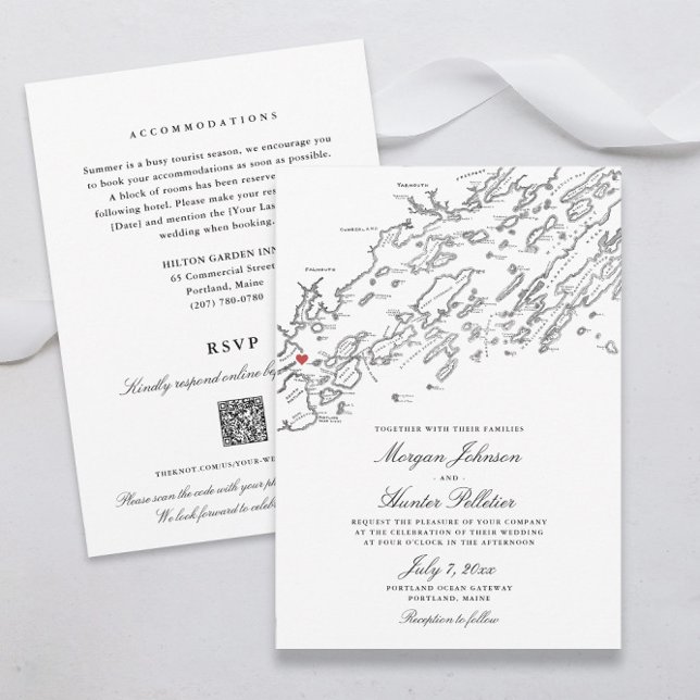 Portland Maine All-in-One QR code RSVP Wedding Invitation (Elegant Portland Maine All In One QR Code RSVP wedding invitations in black and white )