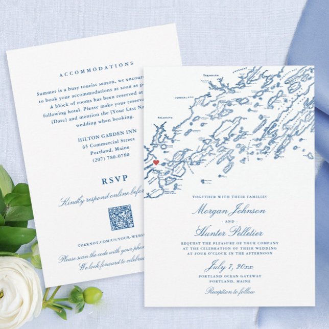 Portland Maine All-in-One QR code RSVP Wedding Invitation (These budget friendly Portland Maine double sided wedding invites save paper and money on stamps.)