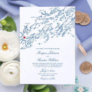 Portland Maine Casco Bay Elegant Navy Map Wedding Invitation