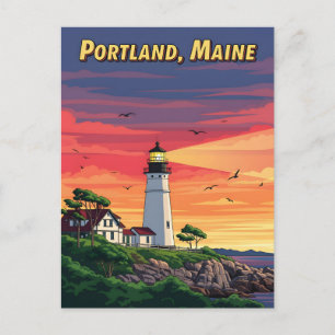 Portland Maine lighthouse at sunset Postcard