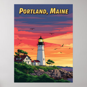Portland Maine lighthouse at sunset Poster