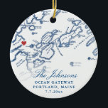 Portland Maine Map Newlywed Keepsake Christmas  Ceramic Tree Decoration<br><div class="desc">Celebrate their love with a personalised wedding keepsake Christmas ornament, featuring a refined navy blue map of Casco Bay in Portland, Maine. This elegant ornament highlights iconic venues like Ocean Gateway, Brick South, The Portland Company Complex, DeMillo's, and Portland Schooner Co., capturing the coastal charm of their special day. With...</div>