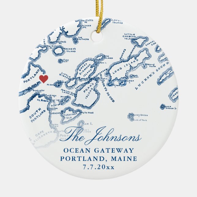 Portland Maine Map Newlywed Keepsake Christmas  Ceramic Tree Decoration (Front)