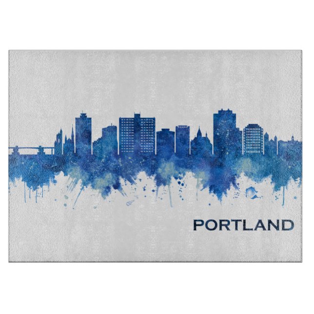 Portland Maine Skyline Blue Cutting Board (Front)