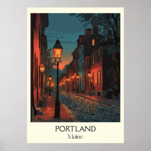 Portland Maine Vintage Historic Street Night Art Poster