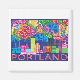 Portland OR and Mt. Hood colourful abstract drawin Magnet