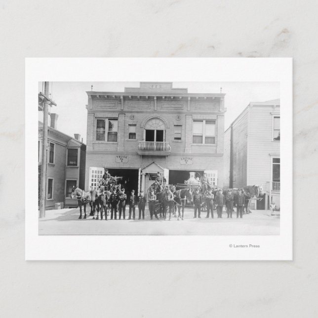 Portland, OR Fire Station Horse Drawn and Men Postcard (Front)