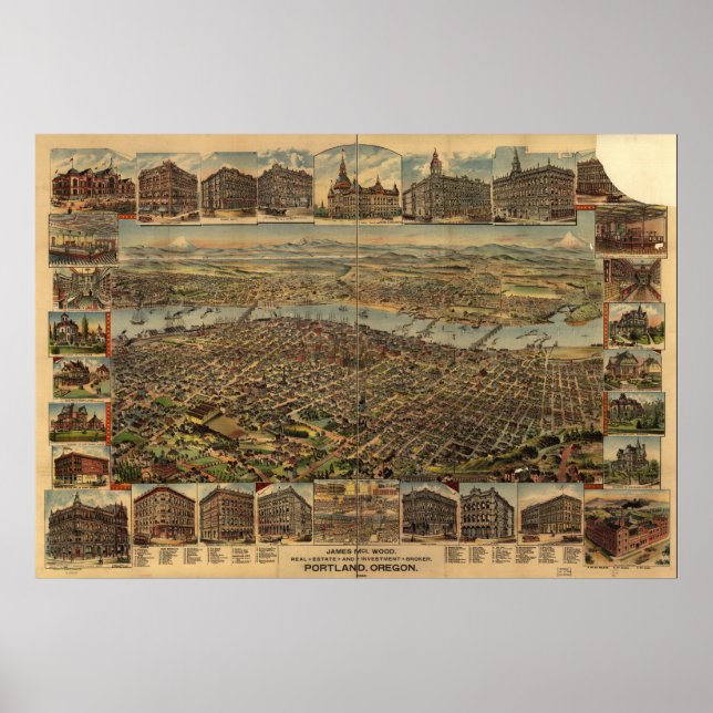 Portland Oregon 1890 Antique Panoramic Map Poster (Front)
