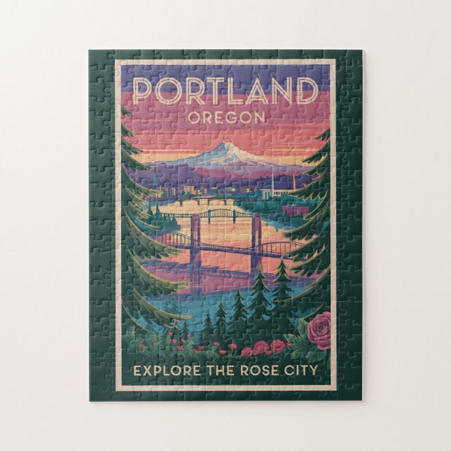 Portland Oregon Mount Hood Travel Art Vintage Jigsaw Puzzle (Vertical)