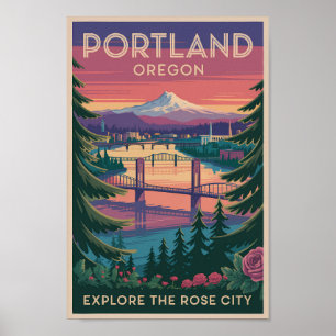 Portland Oregon Mount Hood Travel Art Vintage Poster