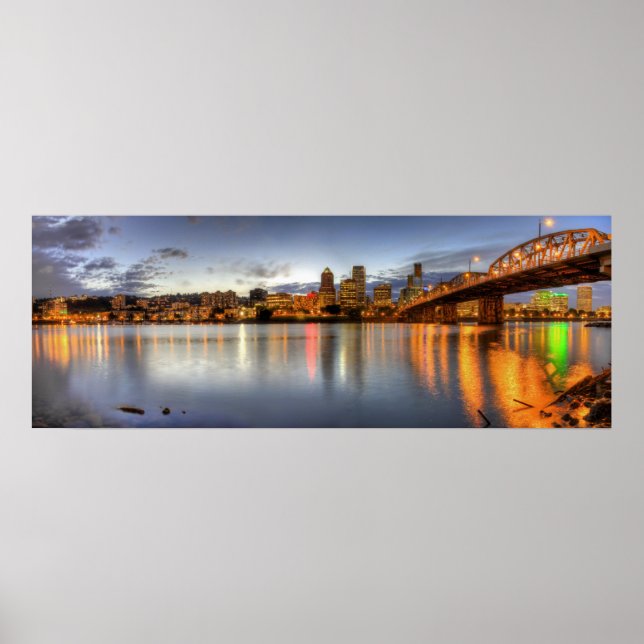 Portland Oregon Night Skyline Reflection Poster (Front)