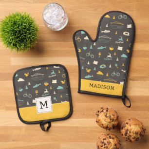 Portland, Oregon Pattern Oven Mitt & Pot Holder Set