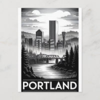 Portland Oregon Skyline Black White Woodcut