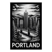 Portland Oregon Skyline Black White Woodcut