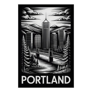Portland Oregon Skyline Black White Woodcut Poster