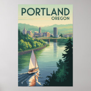 Portland Oregon Skyline Travel Art Vintage Poster
