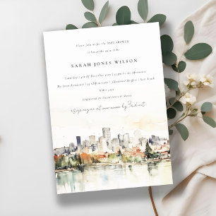 Portland Oregon Skyline Watercolor Baby Shower Invitation