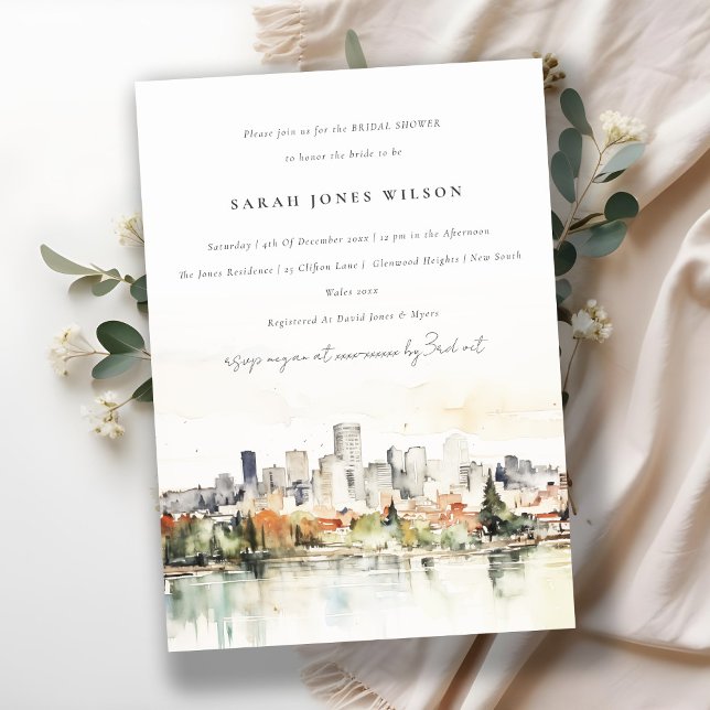 Portland Oregon Skyline Watercolor Bridal Shower Invitation (Creator Uploaded)