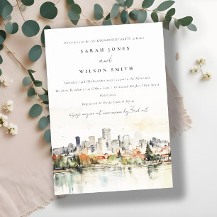 Portland Oregon Skyline Watercolor Engagement Invitation
