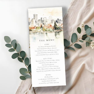 Portland Oregon Skyline Watercolor Wedding Menu Invitation