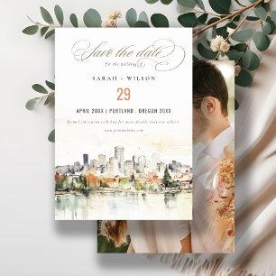 Portland Oregon Skyline Watercolor Wedding Photo Save The Date