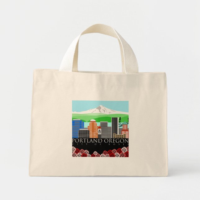 Portland Oregon Skyline with Mount Hood Mini Tote Bag (Front)