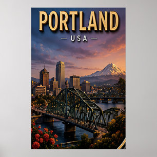 Portland Riverfront and City Bridges Poster
